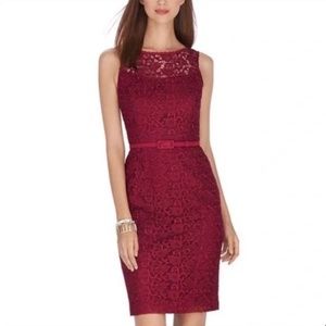 Size 4 White House Black Market Cranberry Red Lace Belted Sheath Midi Dress